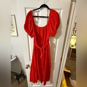 ARULA Vibrant Red Midi Dress with Puff Sleeves